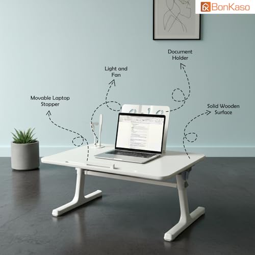 Image of BonKaso Adjustable Laptop Table for Bed (60x40 cm) | Foldable Lap Desk with Book Holder & Mobile Stand | Engineered Wood Portable Study Table for Work from Home, Reading & Study (White)