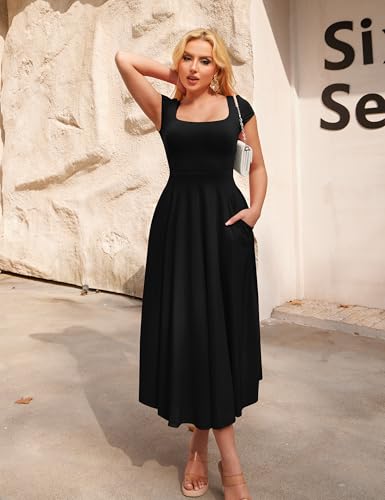 YMDUCH Women's Casual Short Sleeve Square Neck Solid Slim Flowy Maxi Dress with Pockets4