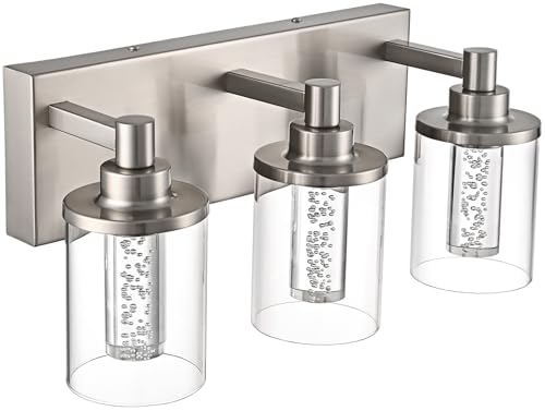 Image of Brushed Nickel Bathroom LED Vanity Lighting Over Mirror- 3 Lights | Modern Integrated LED Vanity Light Fixtures Wall Mounted for Bathroom with Crystal Bulb Clear Glass Shade
