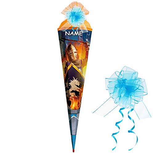 5 Stück Schultüten - Ritter & Ritterburg - 50 cm - rund - incl. Name und Schleife - mit Tüllabschluß - Zuckertüte - mit…