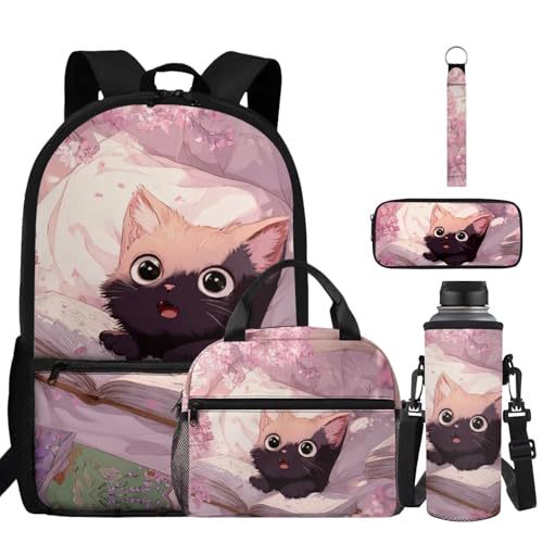 Sac à dos maternelle chat rose avec boîte à déjeuner et trousse