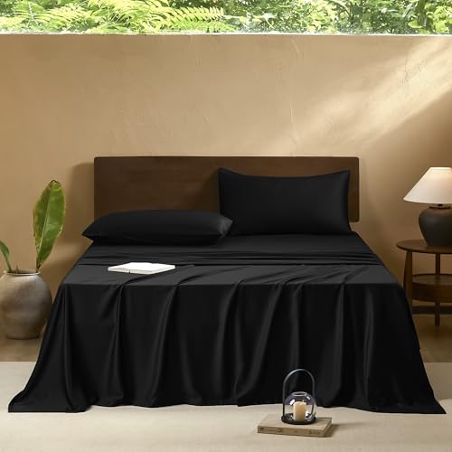 Image of EVERLY Full Sheets Set,Luxuriously 400 Thread Count Organic Viscose Derived from Bamboo Bed Sheet,Cooling Sheets for Full Size 4 Piece Deep Pockets Bedding Sheets &Pillowcases-Black