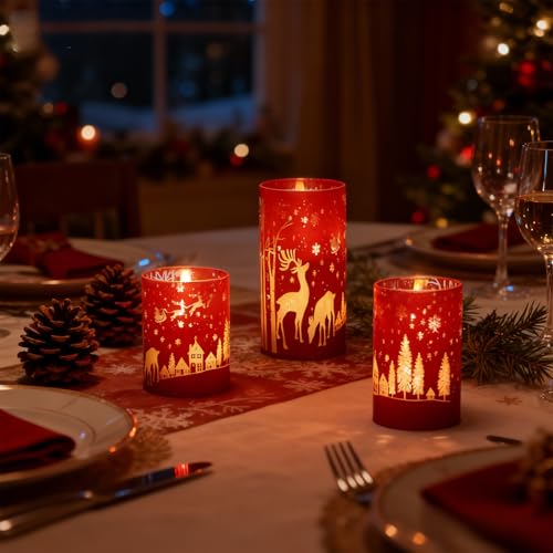 Image of Wondise Red Christmas Reindeer LED Flameless Candles with Remote Timer, Electroplate Glass Battery Operated Real Wax Flickering 3D Wick Pillar Candles for Christmas Holiday Home Decoration