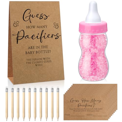 Image of Roowest 512 Pcs Baby Shower Games Guess How Many Pacifiers Sign 100 Small Guessing Games 10 HB Pencils 750ml Milk Bottle 400 Acrylic Pacifiers Decoration for Guest Gender Reveal(Pink,Kraft)
