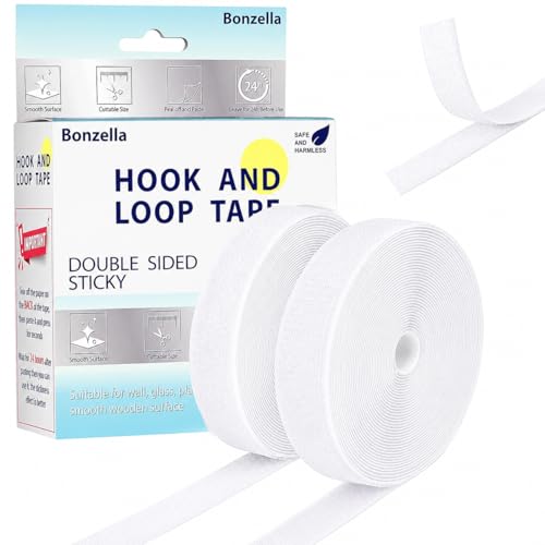 Image of BONZELLA Self Adhesive Hook and Loop Tape, Mosquito Net Mounting Tape for Office use, Photo Frames, Multipurpose Double Sided Adhesive Hook Loop Tape for Crafting & Wall Hanging, White (2M x 25mm)