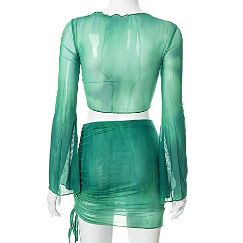 Image of Women's Sexy Long Sleeve 2 Pieces Sheer Mesh Cover Up Dress Crop Top Bodycon Ruched Y2K Mini Skirt Sets
