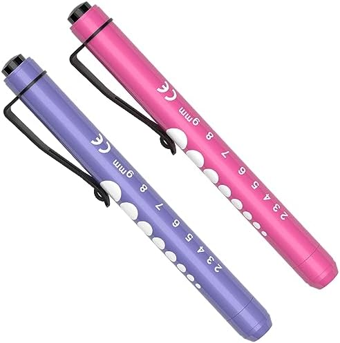 RISEMART Pen Lights for Nurses, 2Pack Reusable Medical Pen Light with Pupil Gauge and Ruler, White Light LED Penlight for Nurse Student Doctors EMT (Pink/Purple)