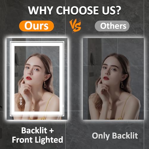 32" x 24" LED Bathroom Mirror with Lights, Front and Backlit Mirror, Anti-Fog Lighted Vanity Mirror, Stepless Dimmable, 3 Colors LED Mirror (Horizontal/Vertical)