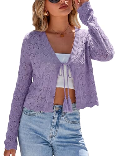 Arach&Cloz Women's Vacation Cropped Cardigan Open Front Tie Front Cute Crochet Linen Fashion Sweater Bolero Shrug Spring Beach Boho Casual Hawaii Lightweight Summer Trendy Tops 2026 Purple S