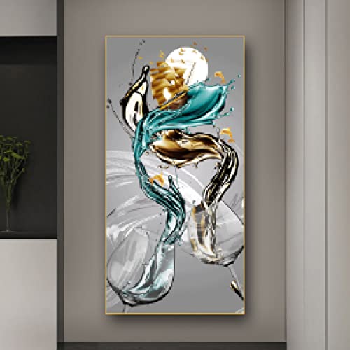 Tableau Toile Art Abstrait Poisson Bateau Finition Dorée Graphique Épurée 40x80cm