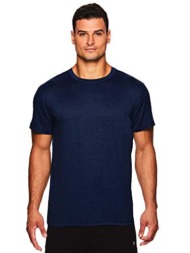 Gaiam Men’s Everyday Basic Crew Neck T Shirt – Short Sleeve Yoga & Workout Top – Navy Heather, Large