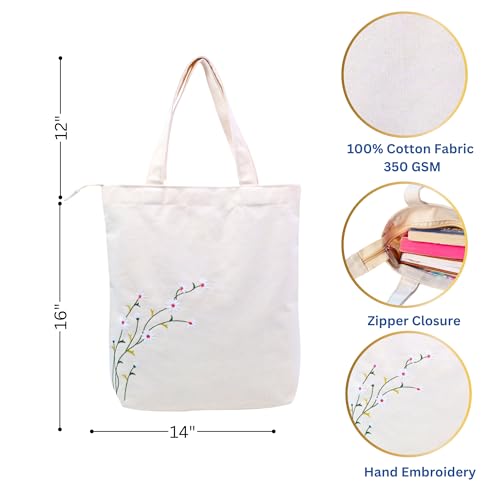 Image of Cotton Tote Bag For Women Stylish I Casual Shoulder Embroidered Canvas Hand Bags For Women I New Floral Style Ladies Handbags College Girls, Office Daily Use, Beach & Shopping, Travel