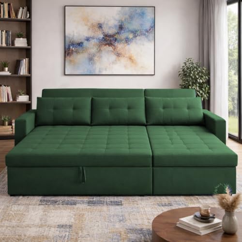 Image of Emilio 4 Seater RHS L - Shape Pull-Out Sofa Cum Bed Sofa for Living Room (Green Fabric Color) Premium Fabric Sofa Set for Living Room Sofa Cum Bed