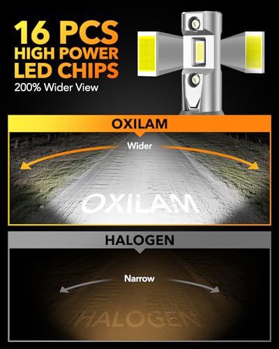 Image of OXILAM H11 LED Light Bulb, 1500% Brighter 6500K Pure White, No Flicker, 60,000 Hours Lifespan, Plug-N-Play Installation, IP68, H9 /H8 Fog Light Compatible for Cars Trucks SUVs, Pack of 2