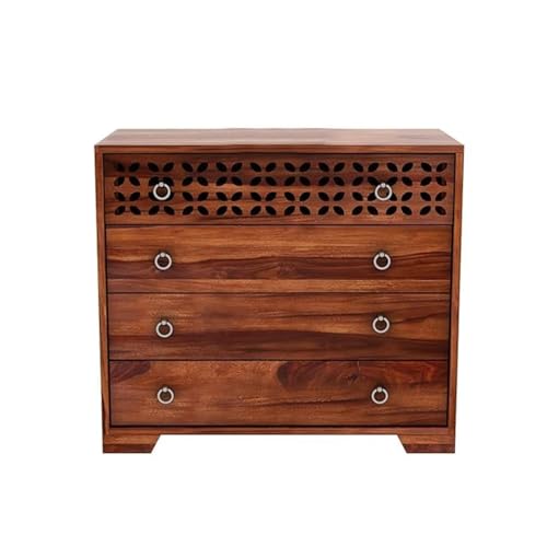 Image of Amazon Brand - Solimo Solid Sheesham Wood Kundal Sideboard Cabinet with 4 Spacious Drawers - Multipurpose Handcrafted Wooden Chest of Drawers for Living Room, Bedroom, Hallway Storage (Honey Finish)
