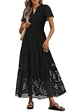 PRETTYGARDEN Womens 2025 Summer Maxi Dress Short Sleeve V Neck Hollow Out Eyelet A Line Long Flowy Beach Vacation Dresses (Black,Large)