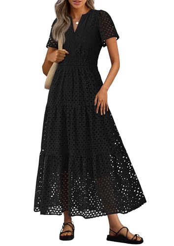 PRETTYGARDEN Womens 2025 Summer Maxi Dress Short Sleeve V Neck Hollow Out Eyelet A Line Long Flowy Beach Vacation Dresses