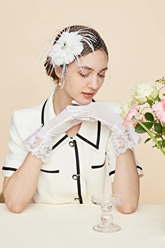 Gionforsy Fascinator Hat Feather Mesh Face Veil Hat Derby Tea Party Hat With Lace Gloves Pearl Necklace For Wedding (Style2-White) #TOP1