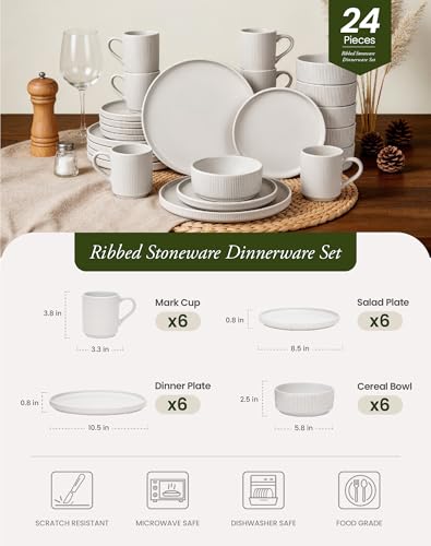 Image of OTAGO 24-Piece Dinnerware Set for 6 with Mugs, Ribbed Stoneware Plates and Bowls Sets, Unique Handcrafted Reactive Glaze, Chip and Scratch Resistant Dish Set, Microwave & Dishwasher Safe, White