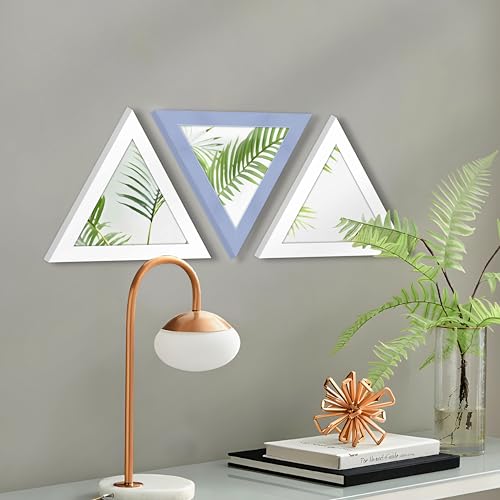 Image of Art Street Acrylic Triangle Decorative Wall Mirror Set of 3 Triangle Shape Mirror for Home Decoration, (9x9 Inch, White, Light Blue)
