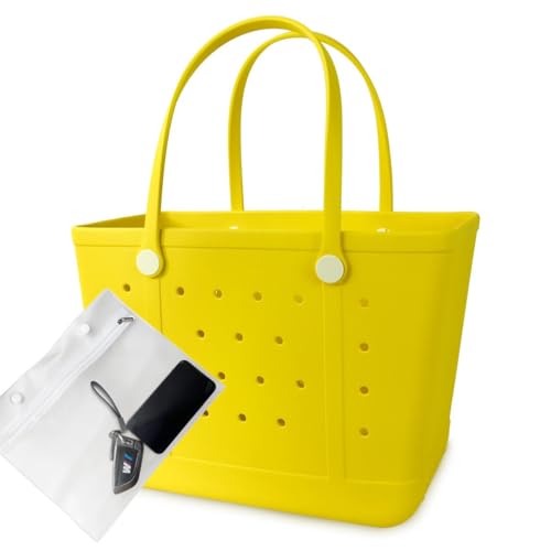 Hixulam Rubber Beach Bag Washable Moisture Resistant Durable Open Hole Tote Bag Beach Vacation Essentials (Yellow X-Large)