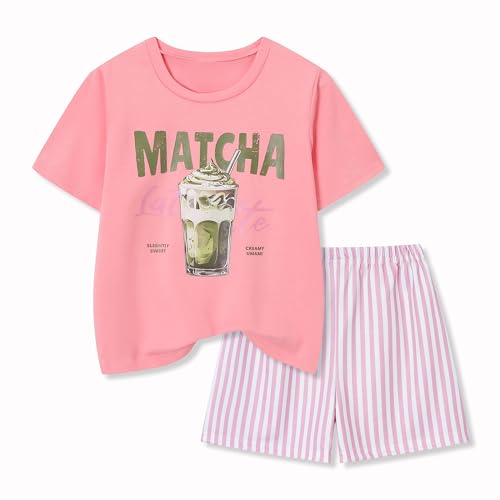 Image of Teen Girls Clothes 2 Piece Graphic T Shirt & Striped Shorts Outfit Set Summer Back to School Clothes Size 7-14