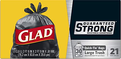 Glad Strong Quick-Tie Large Trash Bags, 30 Gallon Bags For Large Kitchen Trash Can, 21 Count (Package May Vary) #TOP5