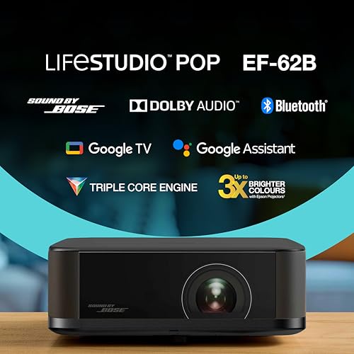Epson Lifestudio Pop EF-62B Metallic-Schwarz, tragbarer Smart-Projektor, Sound by Bose, Google TV, 4k Pro-UHD, Verwendung im Innen- und Au&szlig;enbereich, 5 Jahre Ger&auml;teschutz*