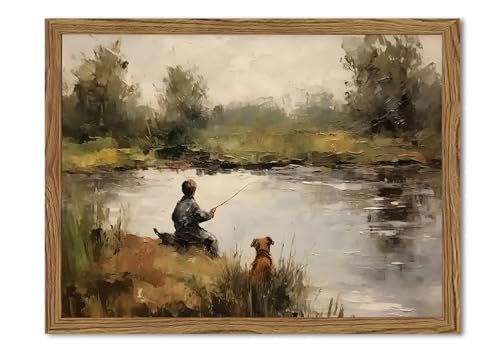 Image of Vintage Wall Art, Boy Fishing Wall Decor Paintings, Dog and Boy Landscape Canvas Prints Vintage Country Farmhouse Artwork for Bedroom Living Room 10x8 inch Wood Framed