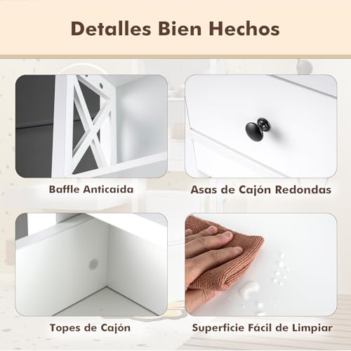 COSTWAY Estante de Almacenamiento sobre Inodoro, Organizador de Baño Independiente con Estantes Abiertos, Cajones y Barra Inferior Ajustable, 60 x 20,5 x 165 cm, Blanco - imagen 4