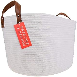 SWEETZER & ORANGE Extra Large Woven Cotton Rope Storage Basket with Pom-Poms  15x20 - Blanket Storage Baskets, Laundry and Toy Storage, Nursery Hamper for Living Room (Off-White)