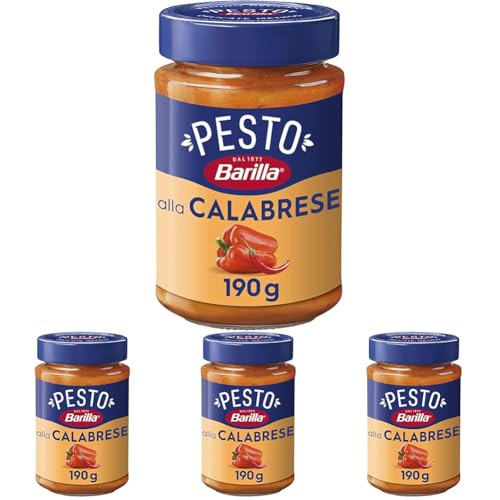 Barilla Pesto alla Calabrese, Sugo Pronto con Peperoni Rossi, Peperoncino, Pecorino Romano DOP, Grana Padano DOP, 190 g (Confezione da 4)