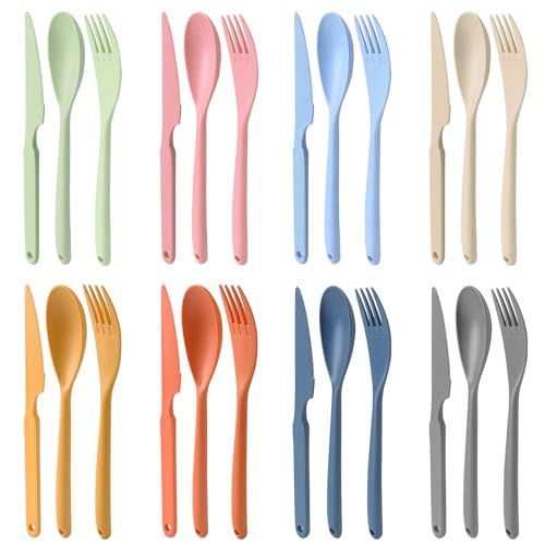 Knives Spoons and Forks Set, JINGIHE 8 Sets Large BPA Free Reusable Travel Utensils, Plastic Cutlery set Portable Lunch Tableware for Kids Adults Camping School Outdoor Picnic Office Daily Use(8in)