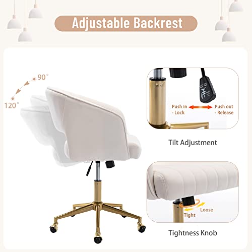 Abet Desk Chair With Wheels, Velvet Home Office Chair, Swivel Armchair Gold Base, Upholstered Modern Accent Chairs, Back Incline Adjustable For Living Room Bedroom Vanity, Off-White Cream #TOP4