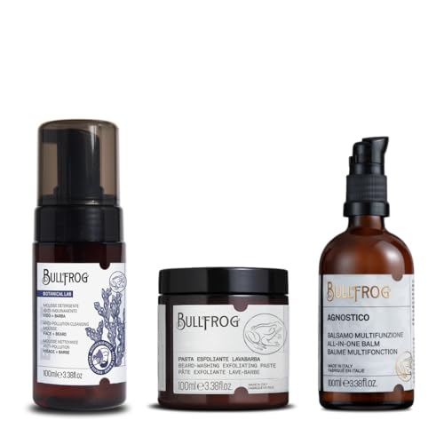 Soins visage et barbe hydratants Bullfrog : kit complet anti-pollution et exfoliant homme