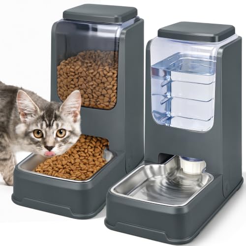 Automatic Cat Feeder and Water Dispenser Set with Dog Stainless Steel Feed Bowl Pet Gravity Self Feeding and Waterer Large Capacity for Small Medium Large Dogs Puppy Kitten 2 Pack