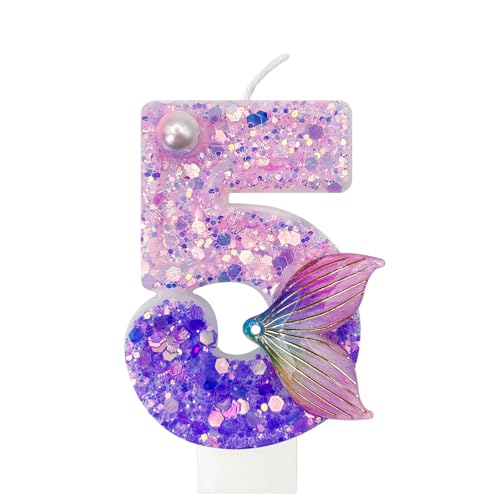 Vela de aniversário de sereia número cinco - vela de sereia 3D com purpurina rosa e roxo, decoração de pastel estilo fantasia. Para aniversários de meninas, festas temáticas de sereia e aniversários.