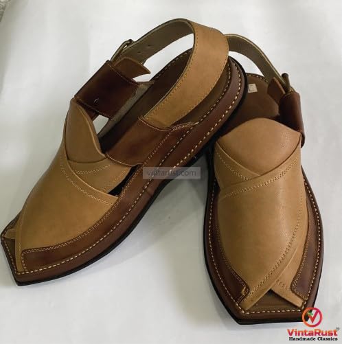 Handcrafted Two-Tone Peshawari Chappal, Classic Beige and Brown Leather Peshawari Chappal For Men, Traditional Leather Sandals3