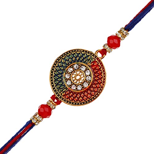 Image of eCraftIndia Red Blue Round Designer Rakhi for Brother Bhaiya Bhai | Roli Chawal Pack | Rakhi Combo