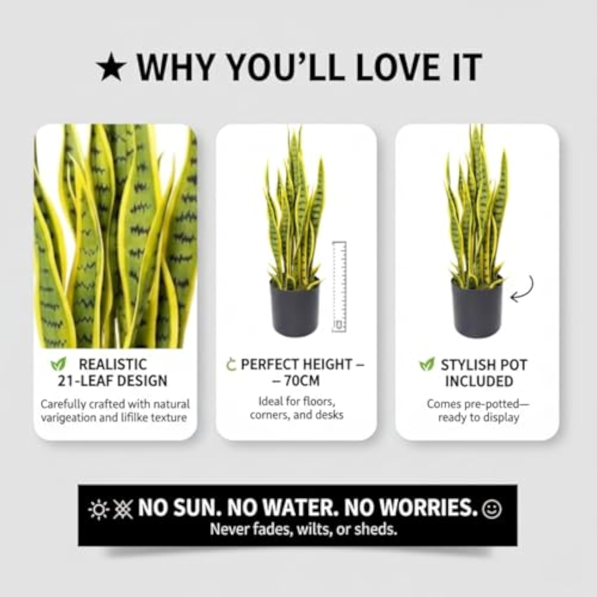 Artificial Snake Plant, 70cm Faux Sansevieria with 21 Leaves