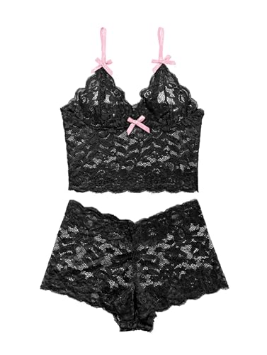 Image of Lilosy Sexy Sheer Floral Lace Pajamas Lingerie Set High Waist Sleepwear Bra and Panty 2 Piece Nightwear