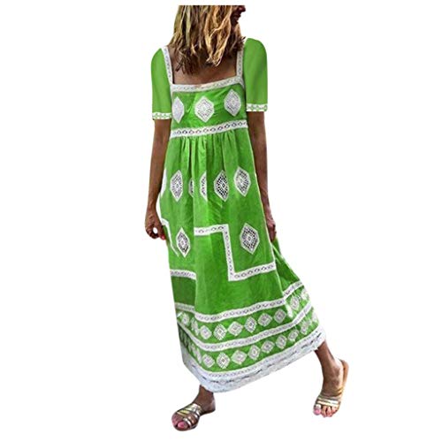 YANFANG Vestido Maxi de Manga Corta con Cuello en U con Estampado Bohemio Informal de Verano para Mujer Casual,Ceremonia y Eventos,C�ctel,Fiesta