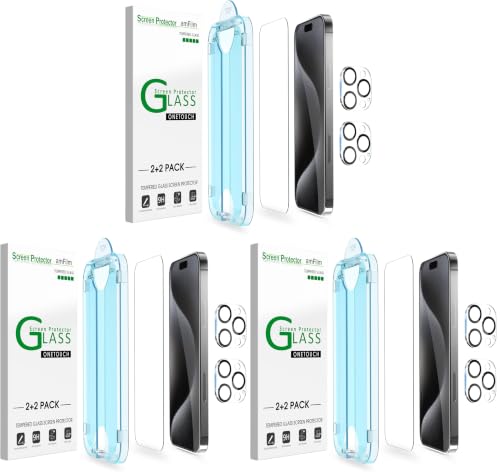 Image of amFilm OneTouch 2+6 Pack Compatible with iPhone 15 Pro Screen Protector 6.1 inch Tempered Glass with Camera Lens Protector Accessories, Premium Easiest Installation Kit 9H HD, Case Friendly