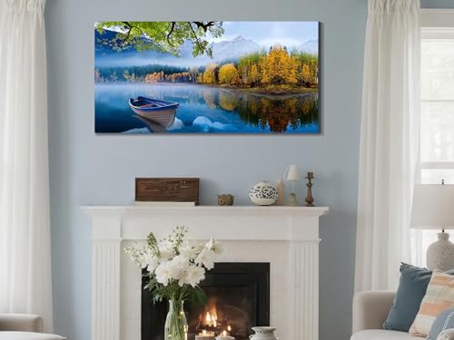Image of Arjun Lake Canvas Wall Art Blue Mountain Sky Nature Landscape Picture Boat Artwork Modern Scenic Painting Framed Large for Living Room Bedroom Bathroom Dinning Room Home Office Wall Decor 40 inchx20 inch