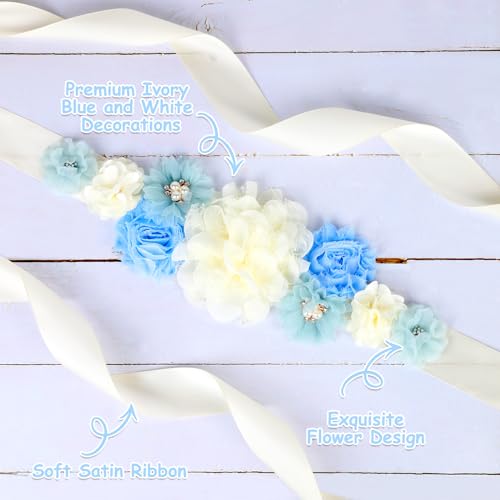 Image of Blue Ivory Boho Baby Shower Maternity Sash - Dusty Blue Flower Theme Baby Shower Belly Belt, Mom to Be Photo Props Party Decorations