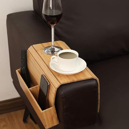 JIAMIAN Bandeja de Brazo Plegable y Portátil para Sofá de Madera Con 2 Bolsillos y Portavasos para Bebidas, Control Remoto (Color de Madera)