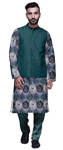 Atasi Printed Kurta with Solid Pajama & Nehru Jacket Set for Mens Party Wear