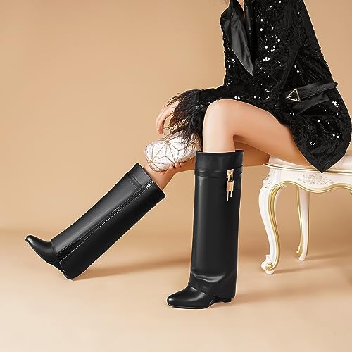 Fold Over Boots for Women Pointy Pull-on Wedge Heel Knee Shark Boot With Side Zipper Padlock Design2