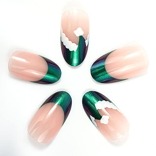 Novo Ovo Green To Blue Purple Switch Holographic Short Medium Almond French Tip Fake False Press On Nails Chrome Cap Metallic Hat Stick On Acrylic Nail Kit With Glue For Christmas St. Patrick's Day #TOP4