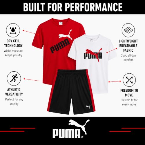 Image of PUMA Boys Active Shorts Set - 3 Piece Performance T-Shirt, Dry Fit Tank Top, and Gym Shorts - Activewear Set for Boys (4-16)